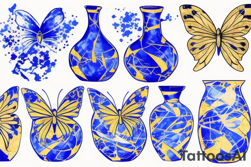 Blue white broken kintsugi ming vase butterfly gold leafing tattoo idea