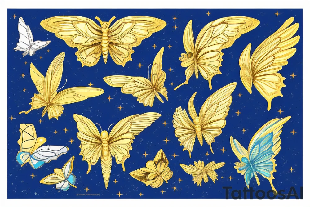 Butterfly broken wing mended sith gold leaf blue white tattoo idea