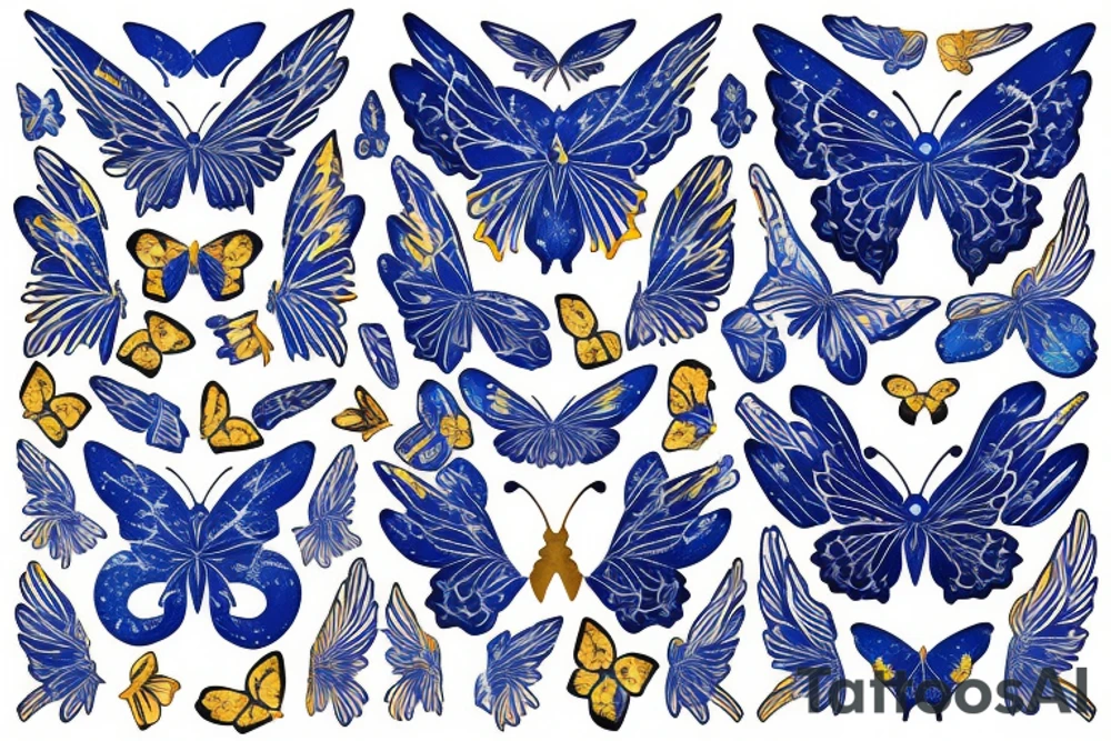 Kintsugi butterfly white and blue wings broken mended with goldleaf tattoo idea