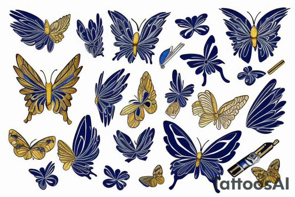 Kintsugi butterfly white and blue wings broken mended with goldleaf tattoo idea