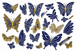 Kintsugi butterfly white and blue wings broken mended with goldleaf tattoo idea