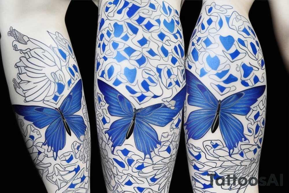 Kintsugi butterfly ming vase wings blue white gold tattoo idea