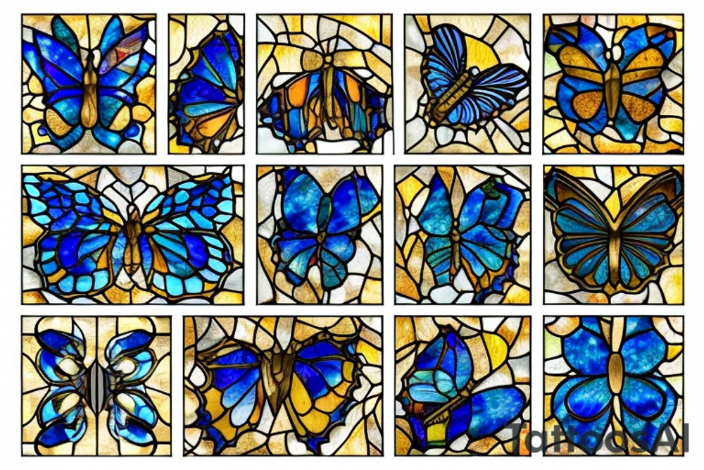 Broken butterfly stained glass blue gold kintsugi tattoo idea