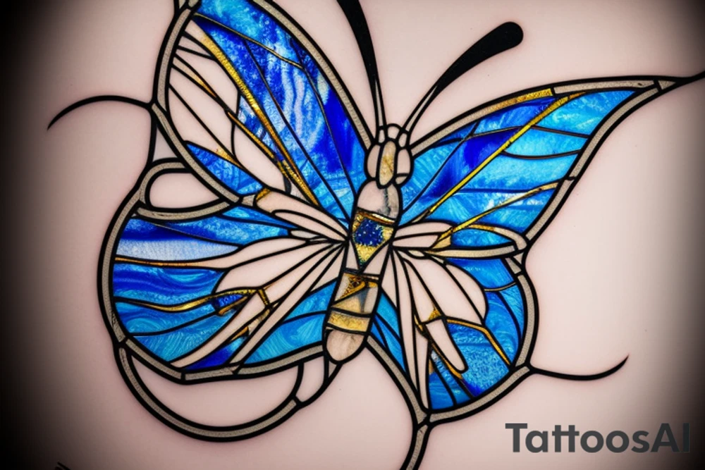 Broken butterfly stained glass blue gold kintsugi tattoo idea