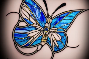 Broken butterfly stained glass blue gold kintsugi tattoo idea