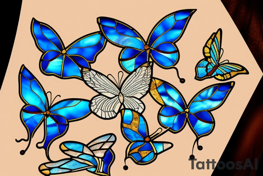 Broken butterfly stained glass blue gold kintsugi tattoo idea