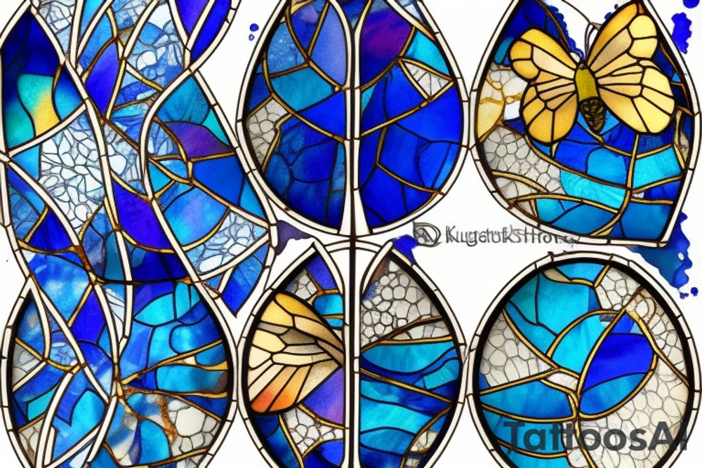 Broken butterfly stained glass blue gold kintsugi tattoo idea