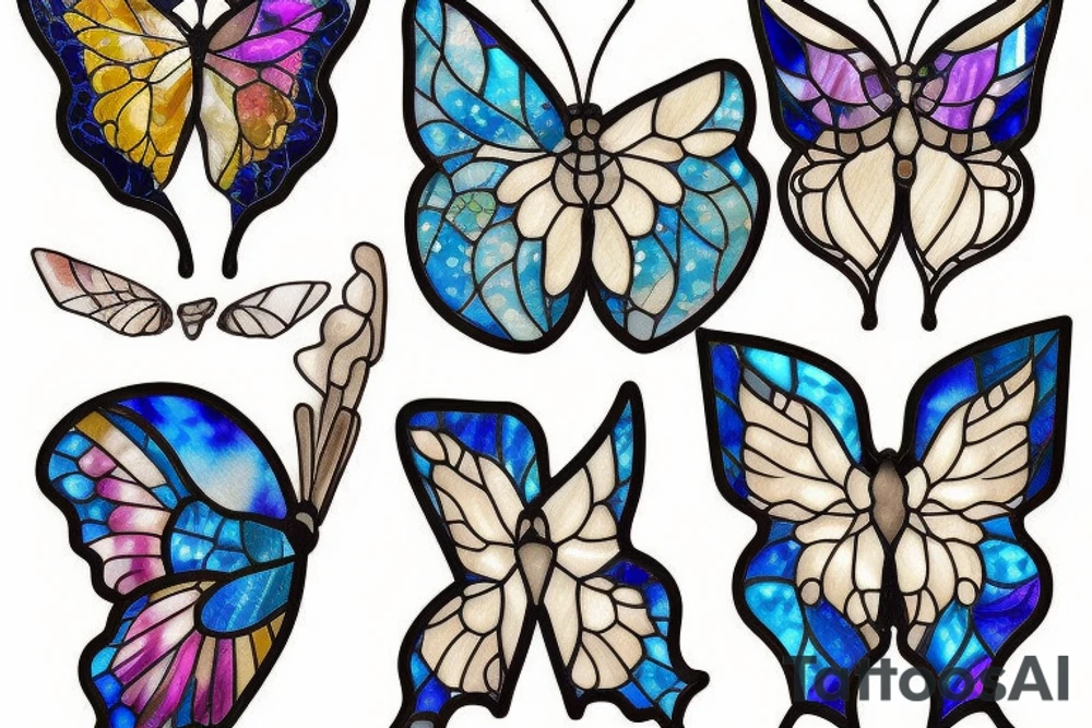 Broken butterfly stained glass blue gold kintsugi tattoo idea