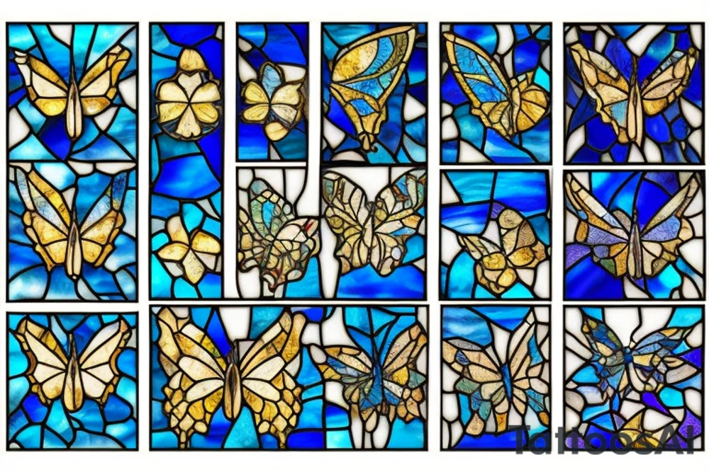 Broken butterfly stained glass blue gold kintsugi tattoo idea