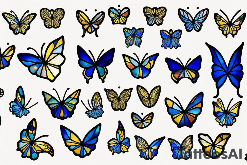 Broken butterfly stained glass blue gold kintsugi tattoo idea