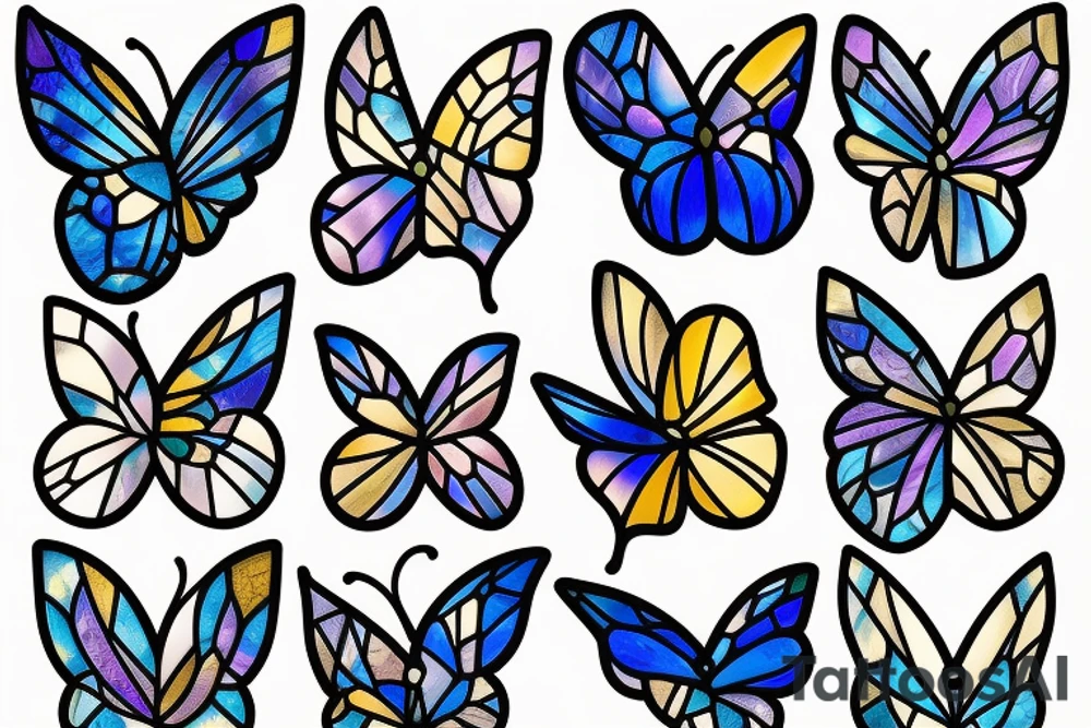 Broken butterfly stained glass blue gold kintsugi tattoo idea