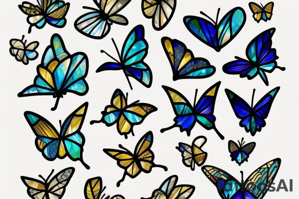 Broken butterfly stained glass blue gold kintsugi tattoo idea