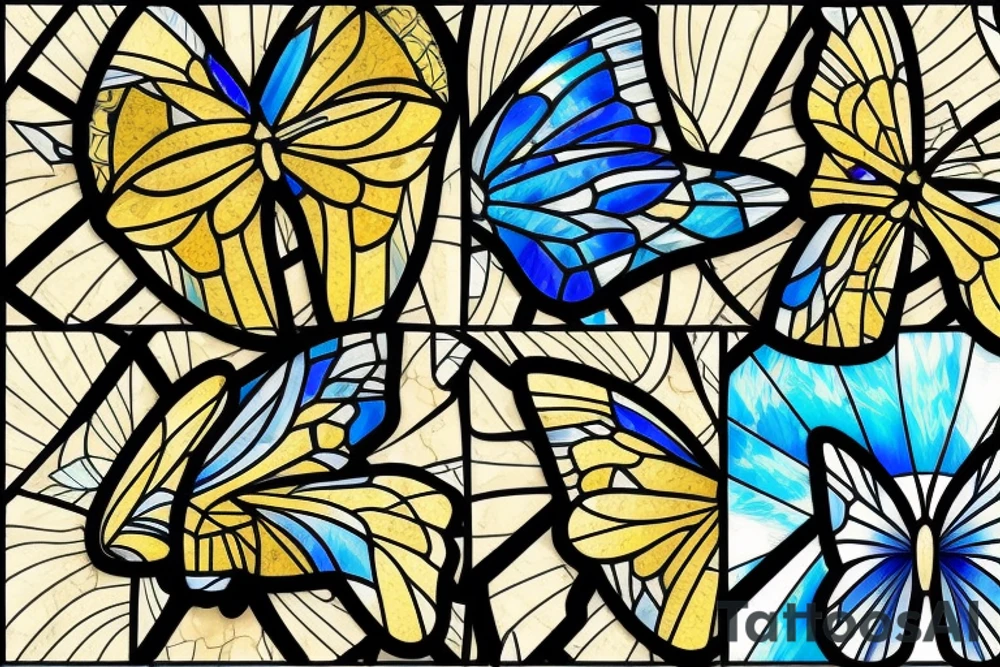 Broken butterfly stained glass blue gold kintsugi tattoo idea