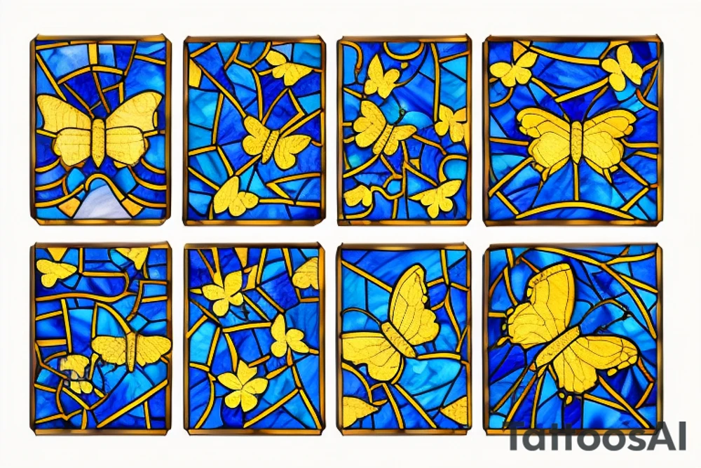 Broken butterfly stained glass blue gold kintsugi tattoo idea