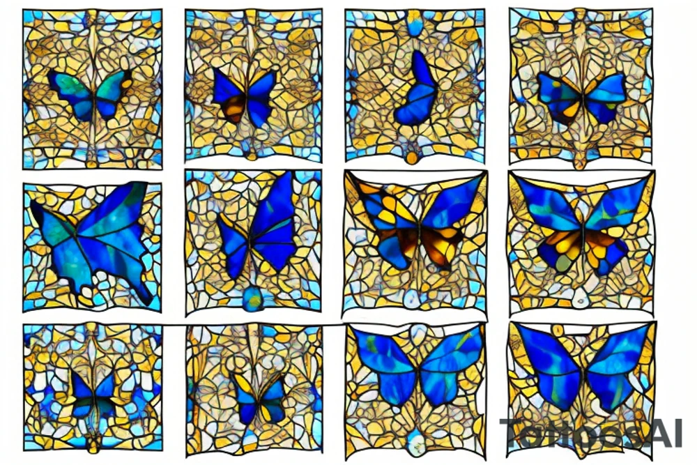 Broken butterfly stained glass blue gold kintsugi tattoo idea