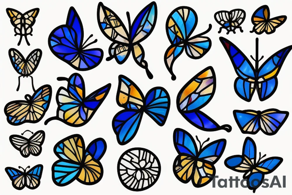 Broken butterfly stained glass blue white gold kintsugi tattoo idea