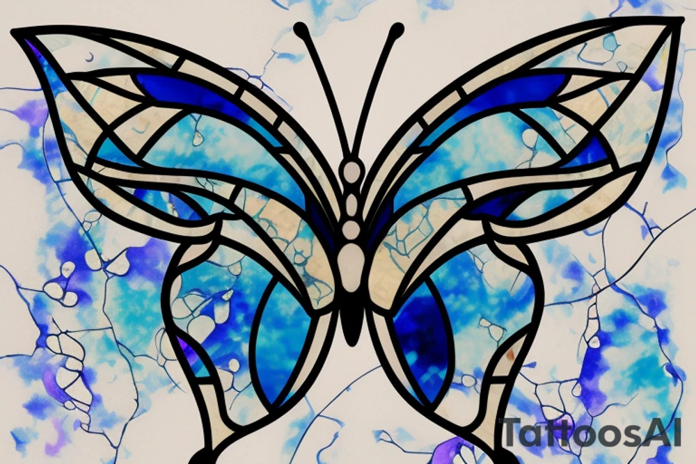 Broken butterfly stained glass blue white gold kintsugi tattoo idea