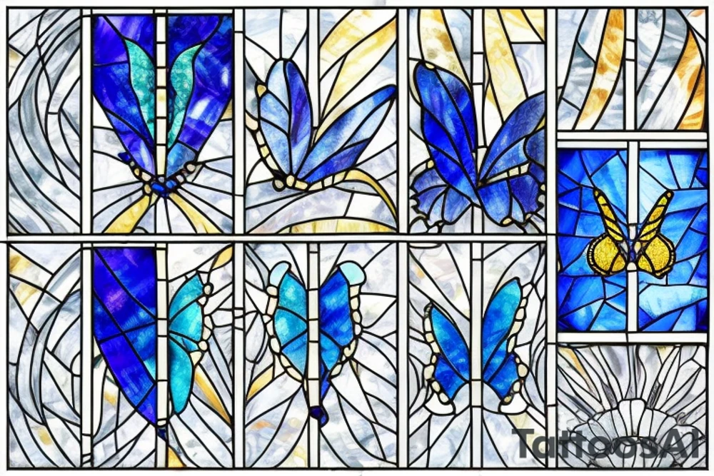 Broken butterfly stained glass blue white gold kintsugi tattoo idea