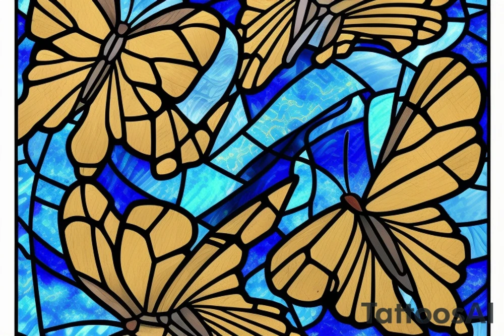 Broken butterfly stained glass blue white gold kintsugi tattoo idea