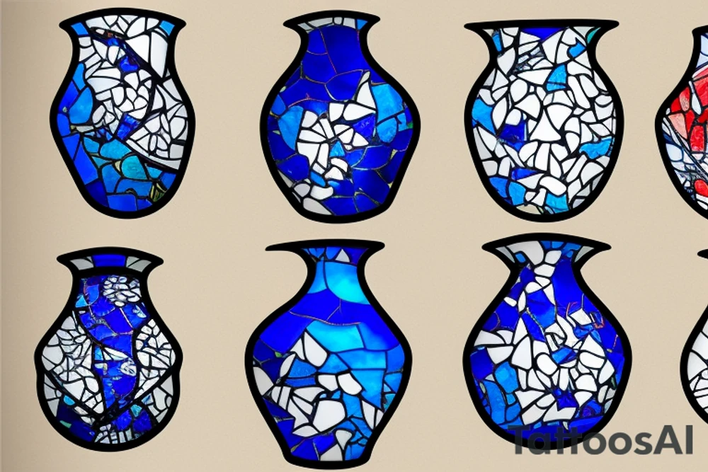 Broken butterfly stained glass blue white gold kintsugi ming vase tattoo idea