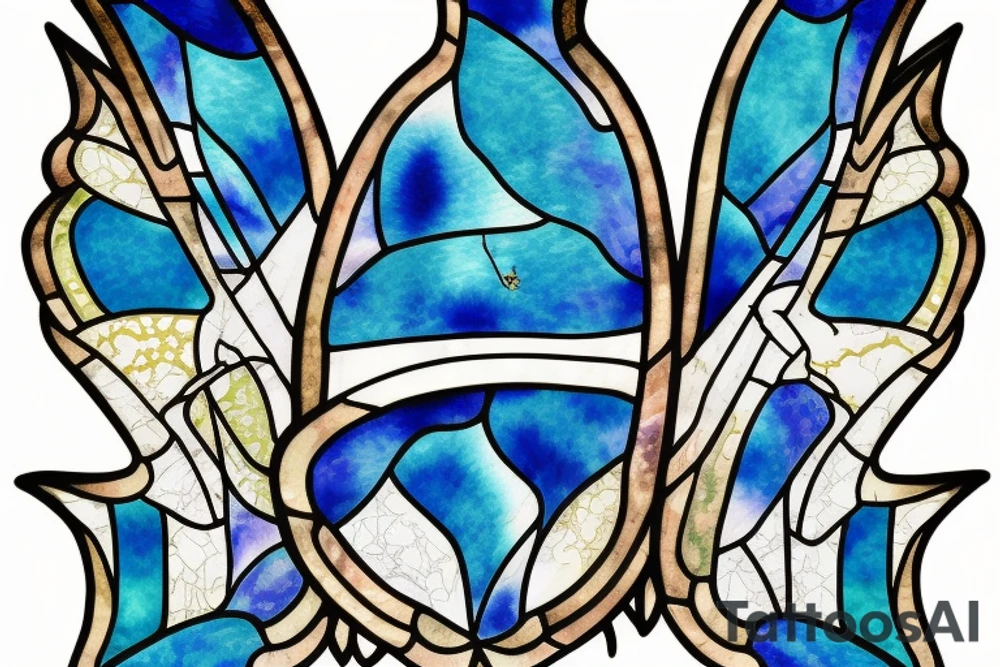 Broken butterfly stained glass blue white gold kintsugi ming vase tattoo idea