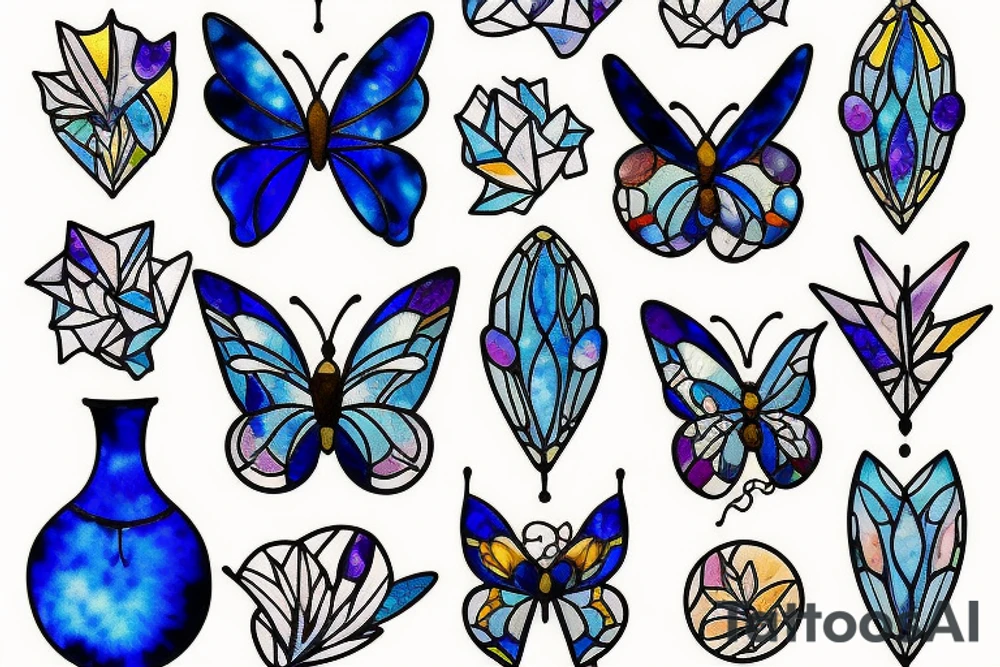 Broken butterfly stained glass blue white gold kintsugi ming vase tattoo idea