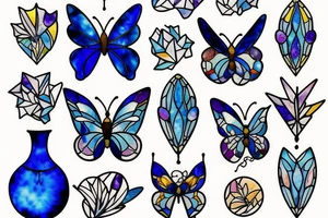 Broken butterfly stained glass blue white gold kintsugi ming vase tattoo idea