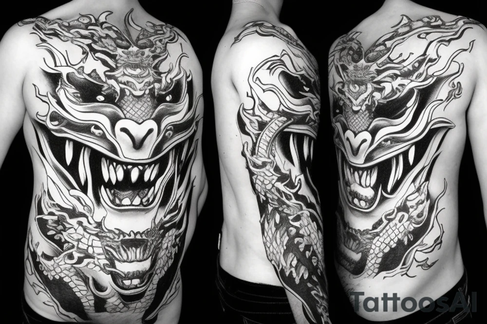 Oni mask with Dragon in mouth tattoo idea