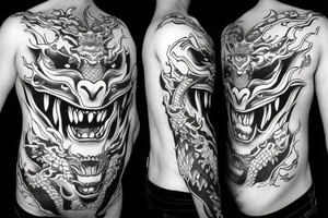 Oni mask with Dragon in mouth tattoo idea