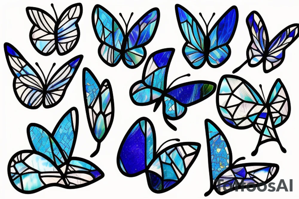 Broken butterfly stained glass blue white gold kintsugi vase tattoo idea