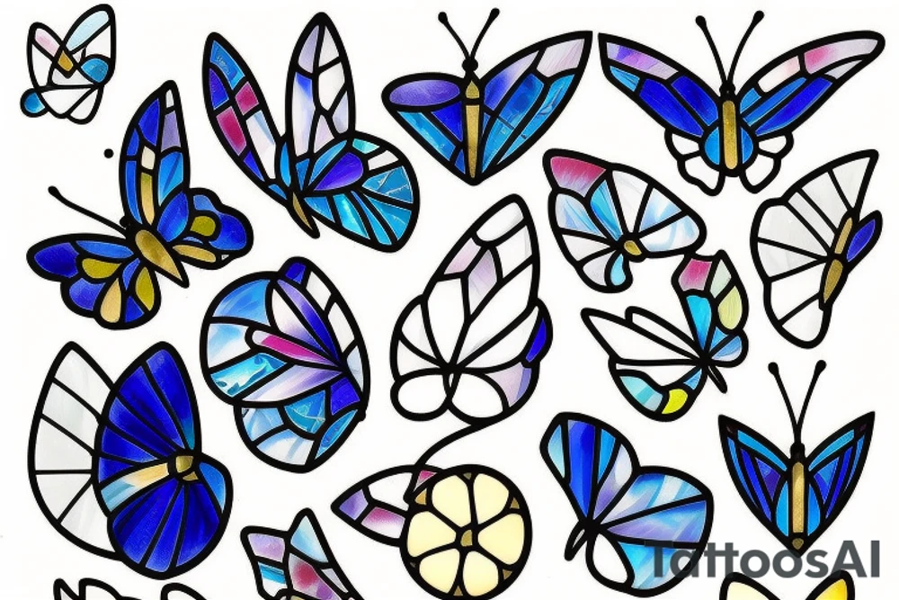 Broken butterfly stained glass blue white gold kintsugi vase tattoo idea