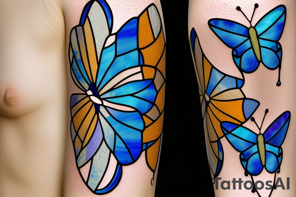 Broken butterfly stained glass blue white gold kintsugi vase tattoo idea