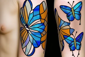 Broken butterfly stained glass blue white gold kintsugi vase tattoo idea