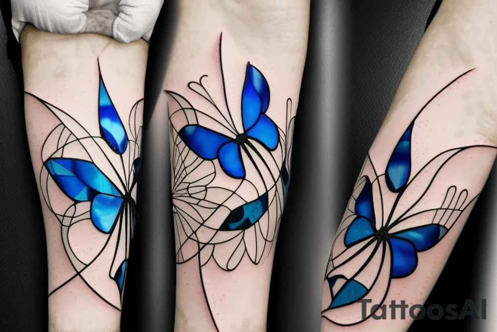 Broken butterfly stained glass blue white gold kintsugi vase tattoo idea