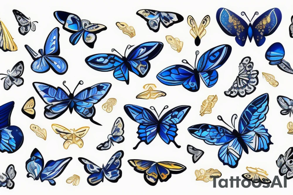 Blue and white butterfly with torn wing mended with gold tattoo idea