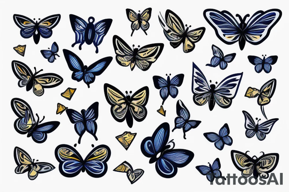 Blue and white butterfly with torn wing mended with gold tattoo idea