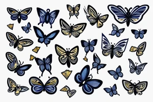 Blue and white butterfly with torn wing mended with gold tattoo idea