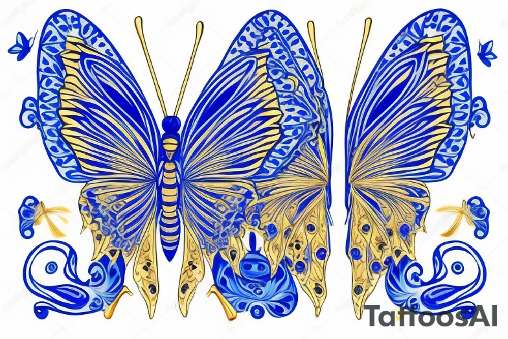 Blue and white butterfly with torn wing mended with gold tattoo idea