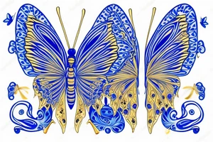 Blue and white butterfly with torn wing mended with gold tattoo idea