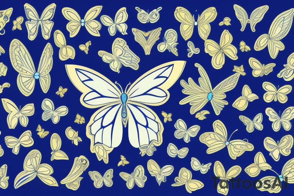 Blue and white butterfly with torn wing mended with gold tattoo idea