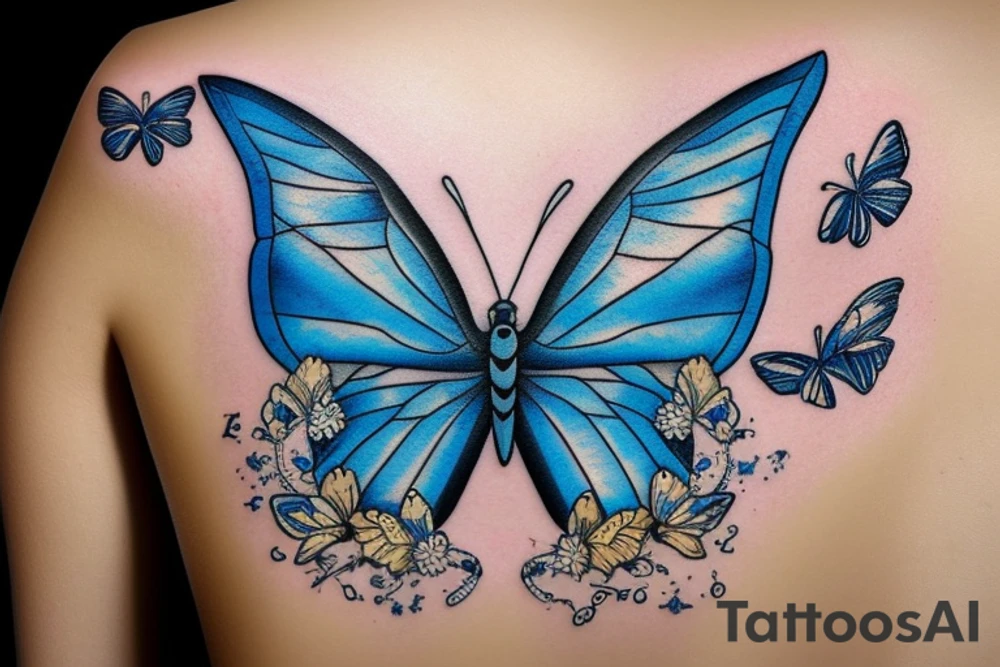 Blue and white butterfly with torn wing mended with gold tattoo idea