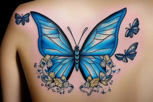 Blue and white butterfly with torn wing mended with gold tattoo idea