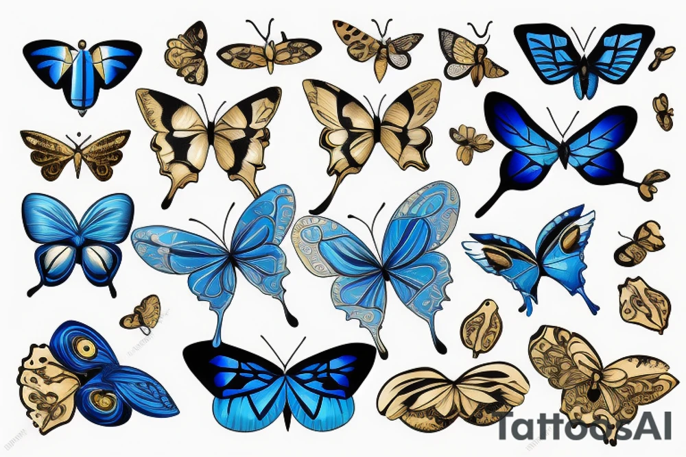 Blue and white butterfly with torn wing mended with gold tattoo idea