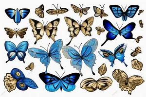 Blue and white butterfly with torn wing mended with gold tattoo idea