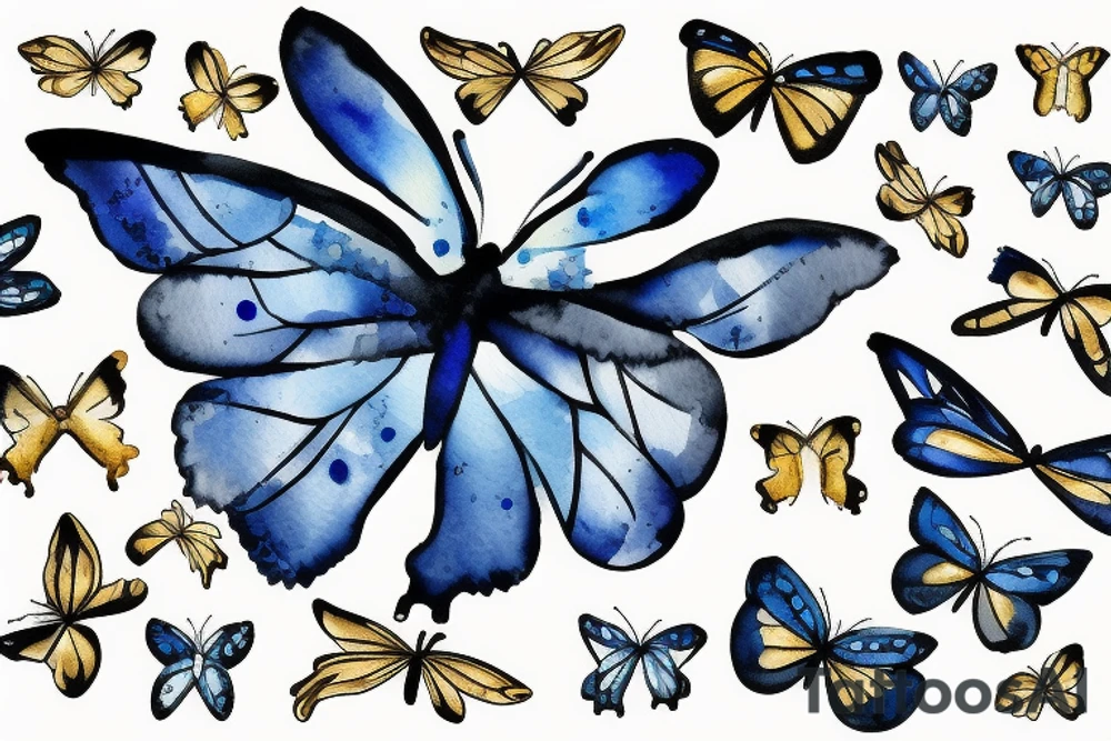 Blue and white butterfly with torn wing mended with gold tattoo idea
