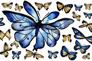 Blue and white butterfly with torn wing mended with gold tattoo idea
