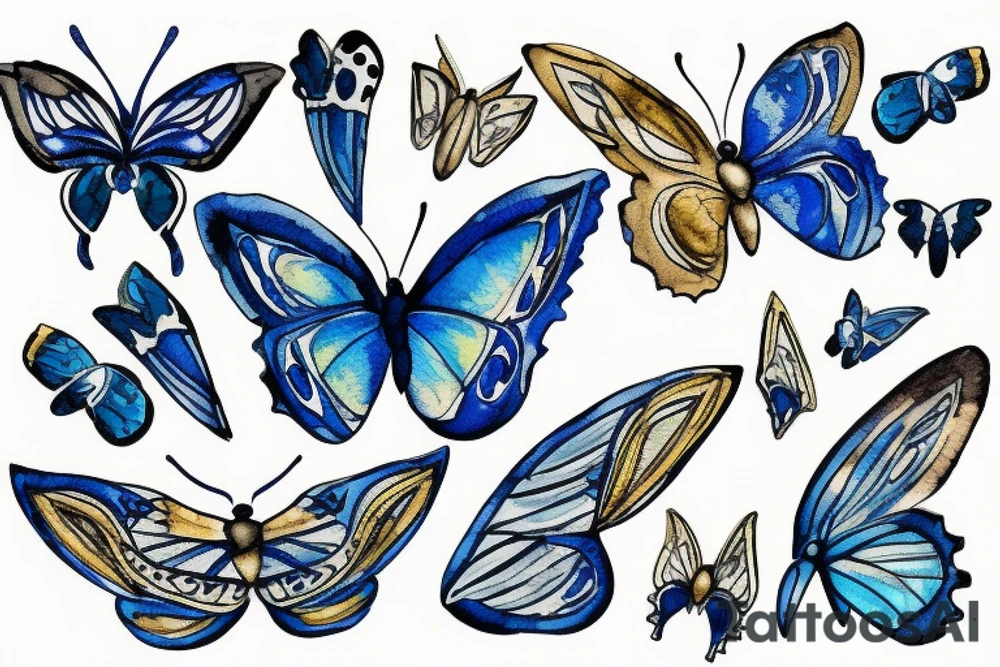 Blue and white butterfly with torn wing mended with gold tattoo idea