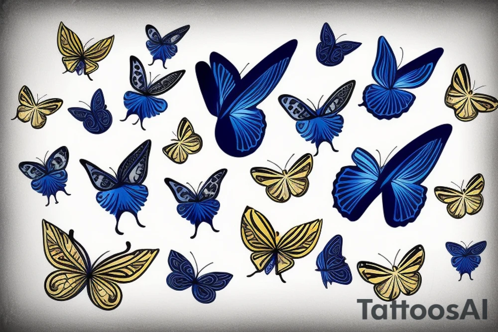 Blue and white butterfly with torn wing mended with gold tattoo idea