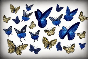 Blue and white butterfly with torn wing mended with gold tattoo idea