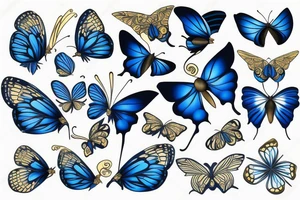 Blue and white butterfly with torn wing mended with gold tattoo idea